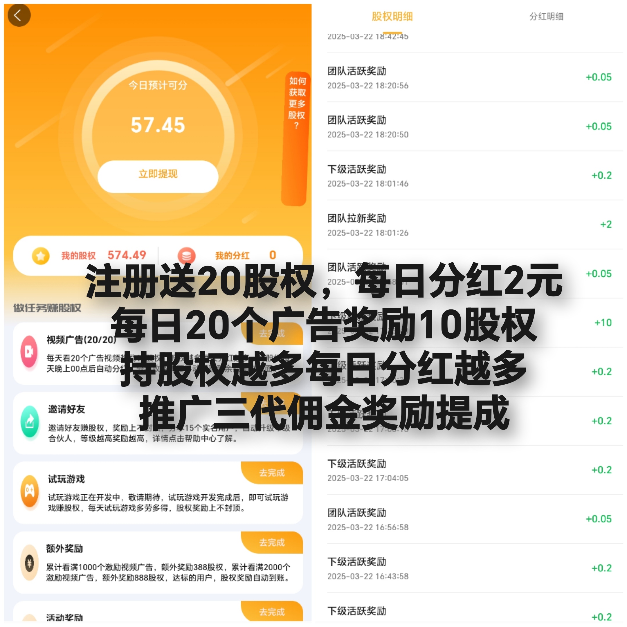 注册送20股权，每日分2元，长久稳定